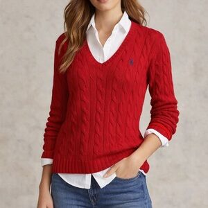 Ralph Lauren Sport Crimson Red Cable Knit V-Neck Sweater Preppy Size Large NWT